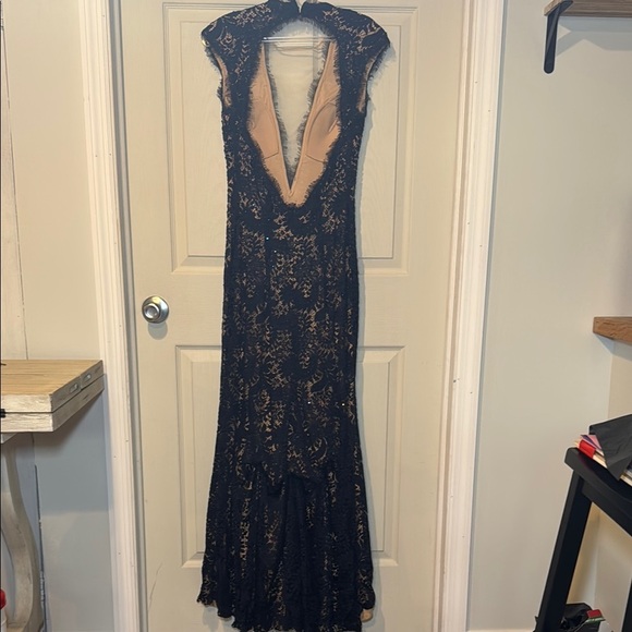 Navy Blue Evening Gown Nude Lining with Lace Overtop Beaded Plunging Neckline - Picture 6 of 16